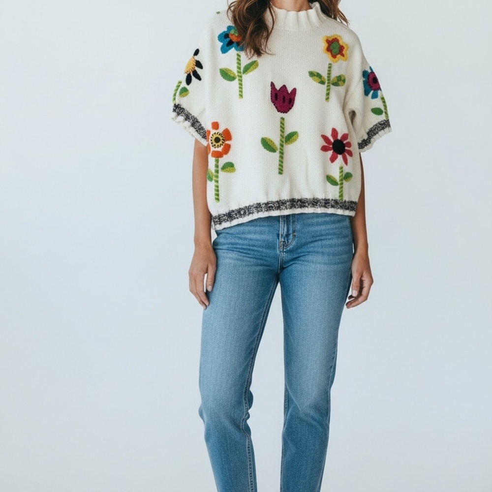 Y2K vintage Floral Embroidered Crew Neck white Sweater